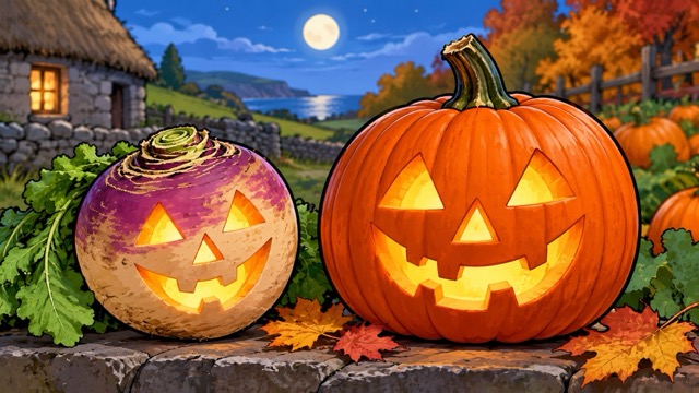 carved turnip and pumpkin
